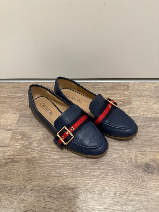 Shoes - Navy Leather Loafers with Red & Black Webbing and Gold Buckle